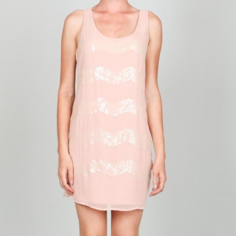 Ark & co Fairycore Pink Chevron Sequin Chiffon Sleeveless Shift Dress Medium